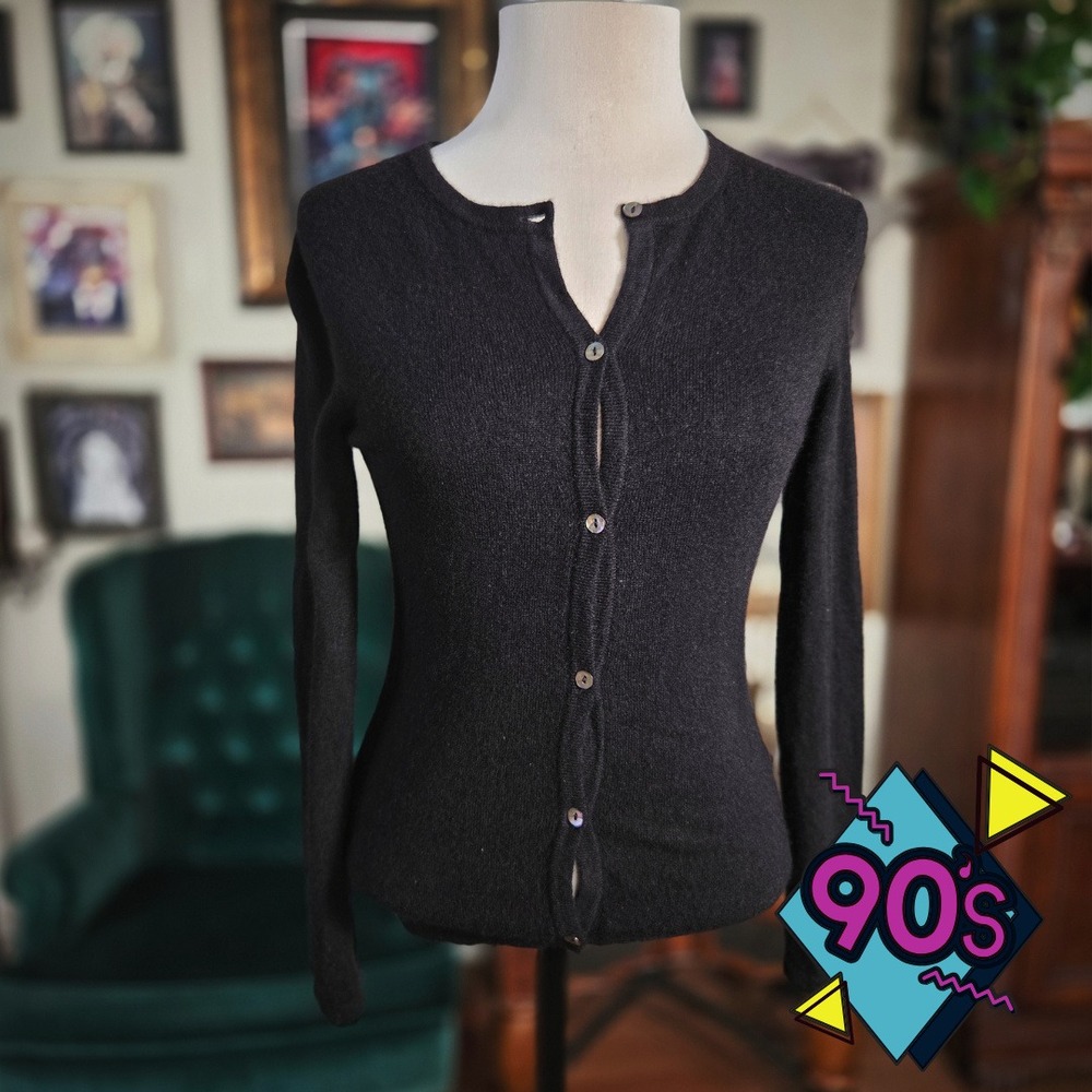 Cardigan Gobi Black Cashmere Knit Sweater Vintage Button Up Long Sleeve Slim XS